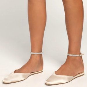 Lulus Valetta Ivory Satin Rhinestone Ankle Strap Flats - 7.5
